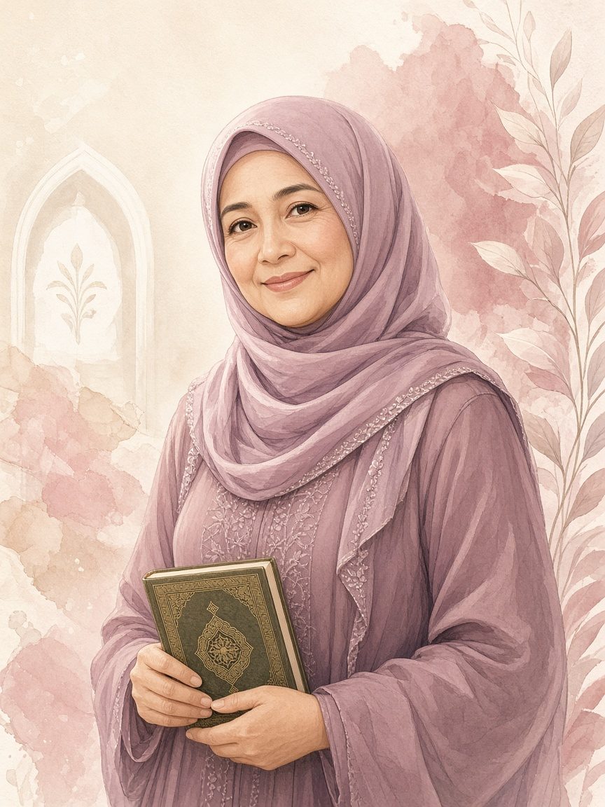 Illustrated portrait of Ustadha Intisar, a warm Arabic teacher holding a book