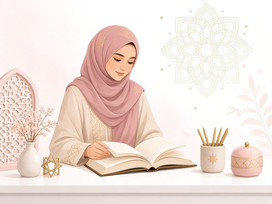 Illustration of a woman in a soft rose hijab reading an Arabic book at a calm desk