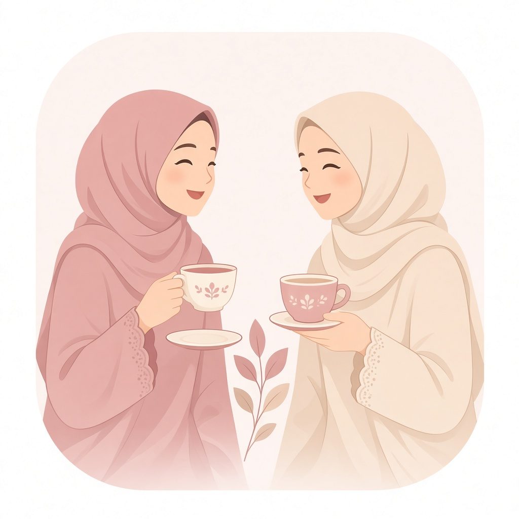 Illustration of two women in hijabs chatting over tea