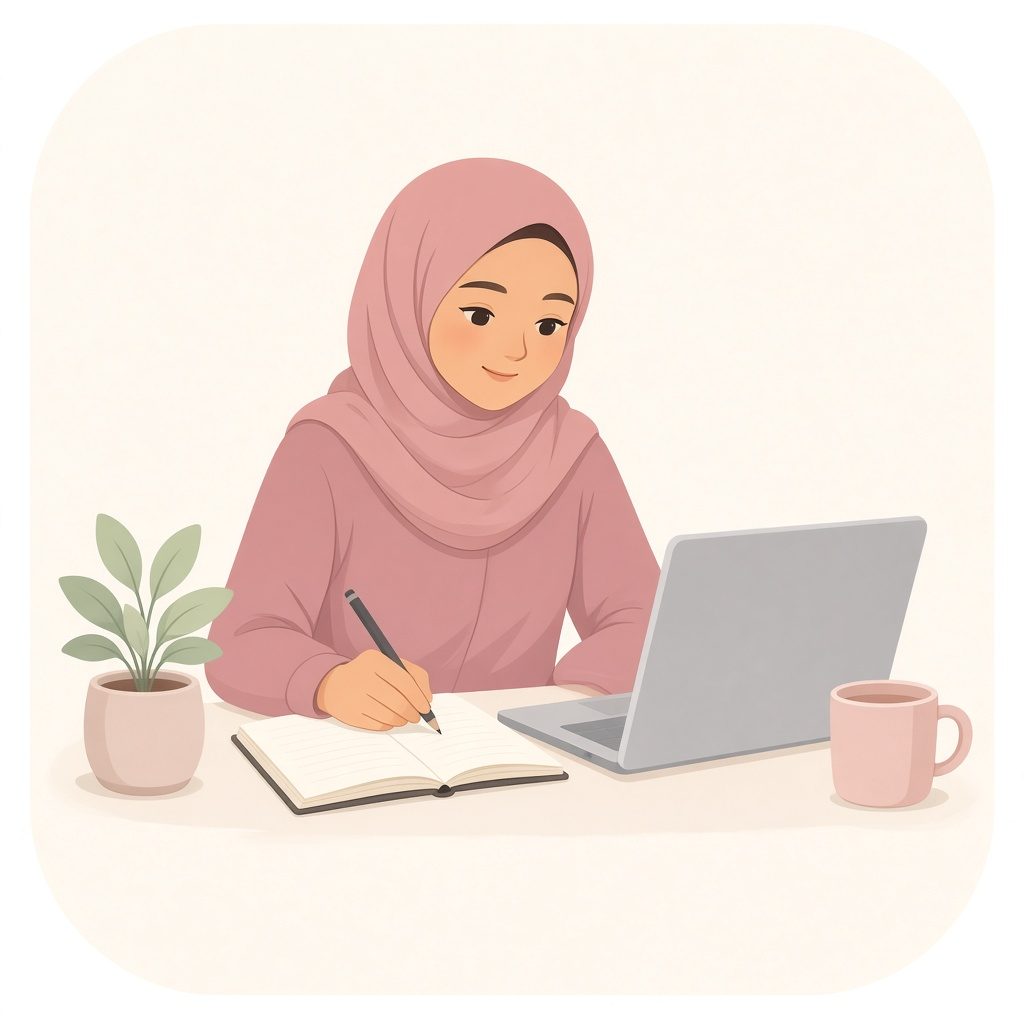 Illustration of a teenage girl in a rose hijab studying with a notebook and laptop