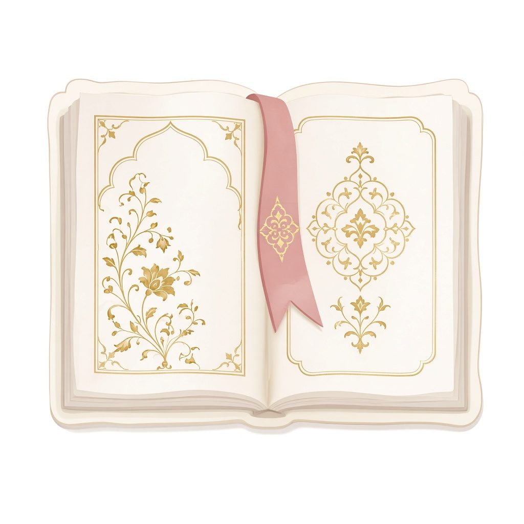 Illustration of a classical Arabic manuscript with a rose bookmark