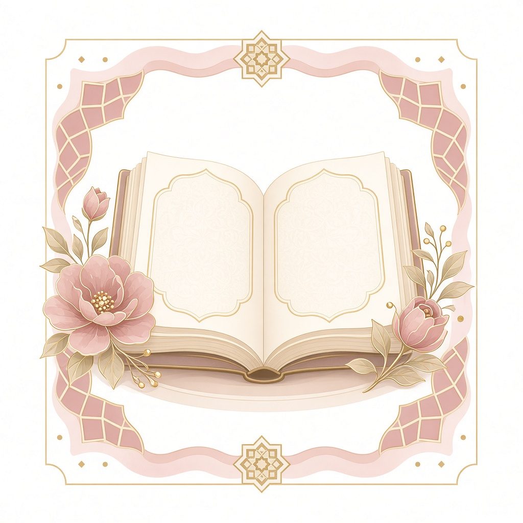 Decorative illustration of an open Quran with rose and gold border