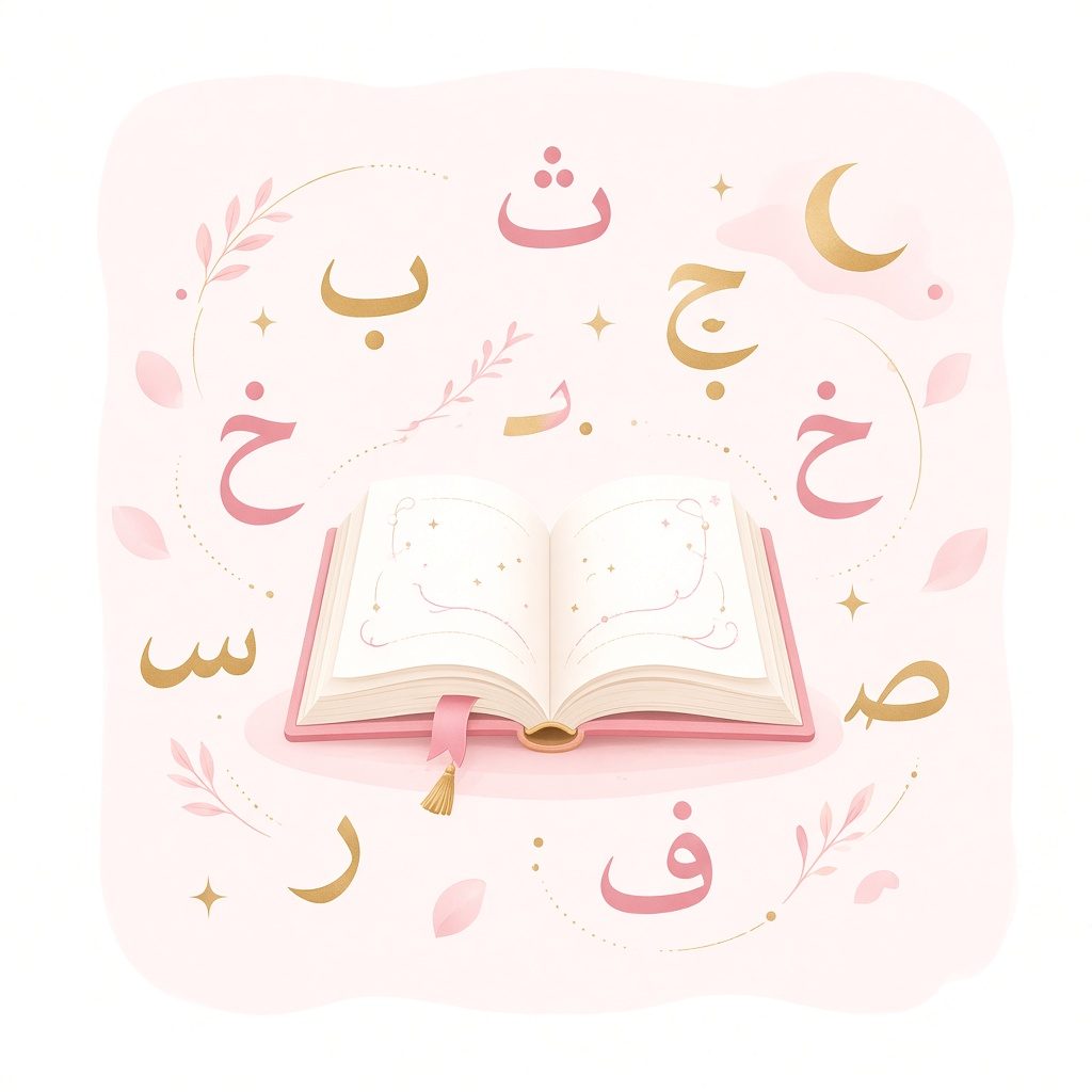 Illustration of an open book surrounded by Arabic letters in rose and gold