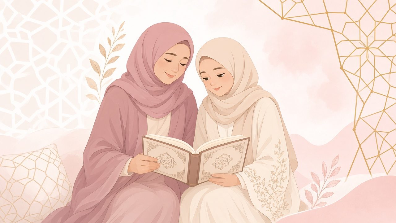 Illustration of a Muslim mother and teenage daughter reading Arabic together